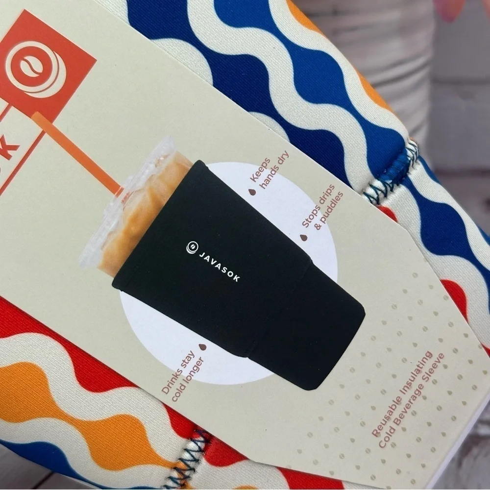 NWT boutique Java Sok Colorful Coffee Sleeve and coffee magnet set